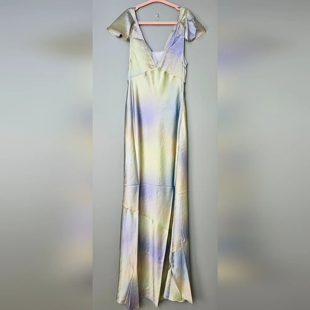 WeWoreWhat Watercolor Silky Charmeuse Midi Slip Dress, Cap Flutter Sleeve Size 0